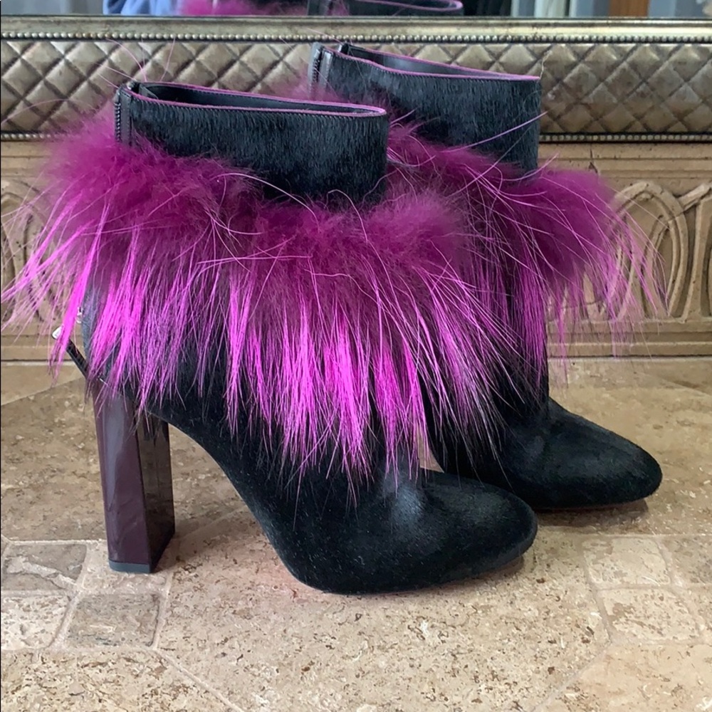 Fendi black fur booties with pink fox trim